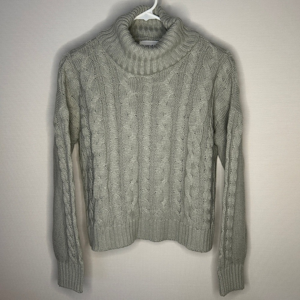 Olive + Oak Gray Cable Knit Heavy Turtleneck Sweater Large 100% Acrylic Preppy